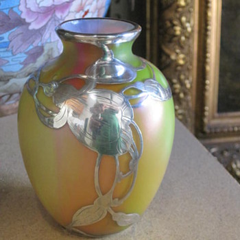 Iridescent Sterling Overlay Bohemian Glass - Art Glass