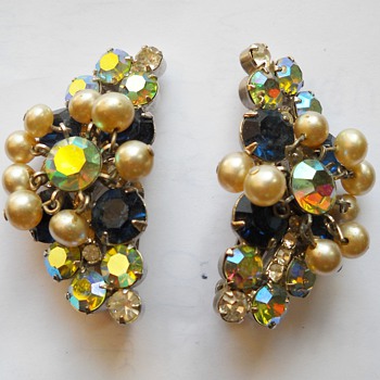 Aurora Borealis Faux Pearl Chandelier Clip Earrings