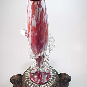 Antonin Rückl & Sons Bohemian Glass Vase - Red with Oxblood Red & White Spatter Glass Decor - Rim Detail - Art Glass