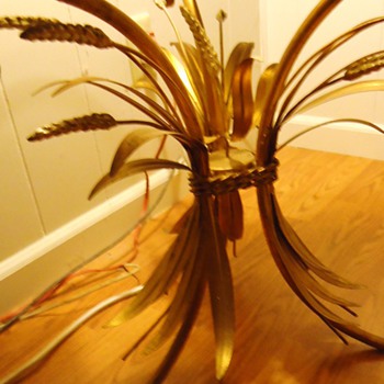 Mid Century Modern Wheat brass tables with glass tops, three and brass lamps