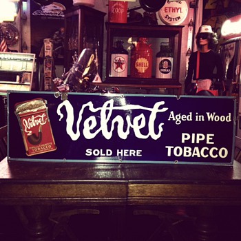 Original Velvet Pipe and Cigarette Tobacco Porcelain Sign - Tobacciana