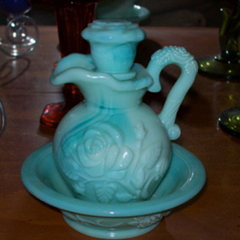 Milk Glass?? green Avon pitcher and saucer - Glassware