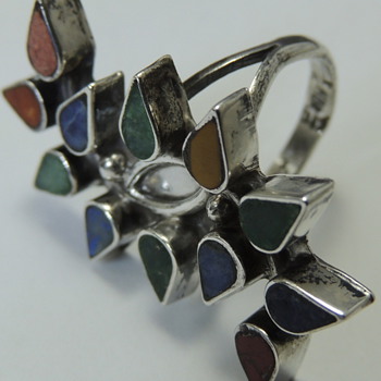 Mexican Silver Ring with Colored Glass or Stones