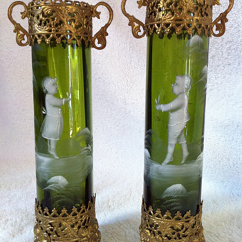 Green with Gold Ormolu Mary Gregory Bud Vases - Art Glass