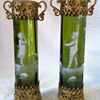 Green with Gold Ormolu Mary Gregory Bud Vases