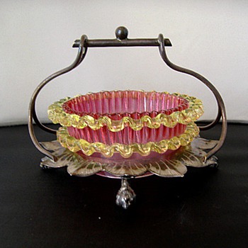 Cranberry and Vaseline Salt in silver holder.  - Kitchen
