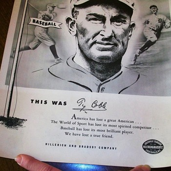 Original Vintage 1961 Ty Cobb Hillerich & Bradsby Louisville Slugger Memorial Poster