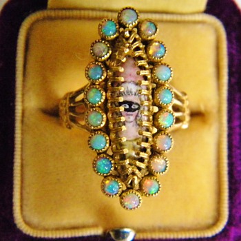 Antique Georgian Fire Opal Masked Cameo French 750 18k Ring Hallmarked - Fine Jewelry