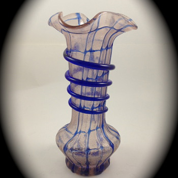 Kralik frit vase with cobalt threads and windings - another take on pink and blue - Art Glass