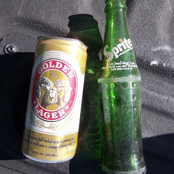 Vintage Sprite bottle and beer can