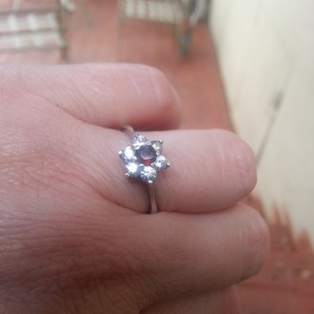 SIGNED W800 FLOWER DESIGN RUBY,CLEAR STONES RING - Fine Jewelry