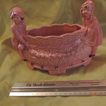 PINK GLAZED 4 FOOTED PLANTER WITH GIRL & BOY - Art Pottery