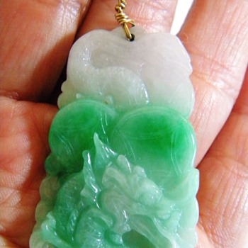 Antique Chinese Carved Jade Jadeite Dragon Pendant Necklace 14k 63mm x 33mm