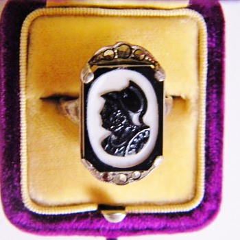 Antique Victorian Carved Silhouette Intaglio Agate Warrior Marcasite Sterling Ring  - Fine Jewelry