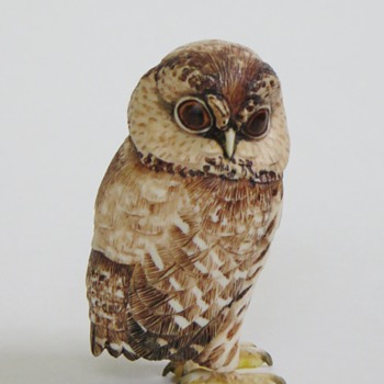 Japanese Carved Bone (?) Owl, Some Painting, Signed - Asian
