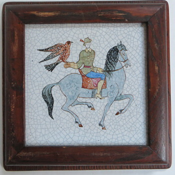 Pair of Tiles, Man on Horseback with Falcon, Dog & Deer, Old Oak Frames, Crackle - Pottery