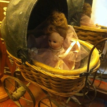 doll in little carriage old doll head,jet black buttons, mosaic lady in frame - Dolls