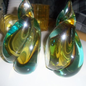Murano art glass swirl bookends yellow and turquoise - Art Glass