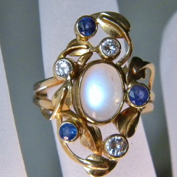 Antique Arts & Crafts Ceylon Moonstone, Diamond & Ceylon Sapphire 14k Ring 28mm x 18mm