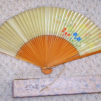 Antique Japanese Silk Screen Bamboo Fan W/Orig Box My Great Grandmothers - Asian