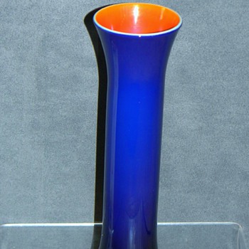 Imperial Freehand 1920's Cobalt Blue Orange Lustre Cased Vase - Art Glass