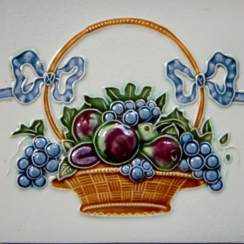 Old Tile, Basket of Fruit with Ribbon~Part of Border? Maker? - Art Pottery
