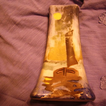 1918 Bohemian HAT PIN HOLDER ? SAILBOAT AT SHORE LINE, CROWN CROSSED ANVILS - Art Pottery