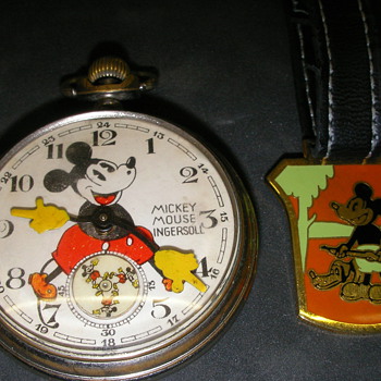 1934 English Mickey Mouse Pocket Watch + 'Mickey and Pluto Hunter' fob - Pocket Watches