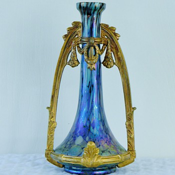 Rindskopf Amethyst Cobalt Papillon Gold Mount Vase 9" - Art Glass