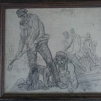 Sir Frank William Brangwyn (1867-1956) Reproduction / "Railway Workers" 18" x 20" Framed/ Circa 20th Century - Visual Art