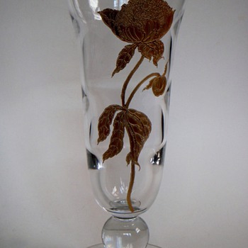 13" Elegant Glass Vase w/Acid Etched & Gold Leafed Peony flower - Art Glass