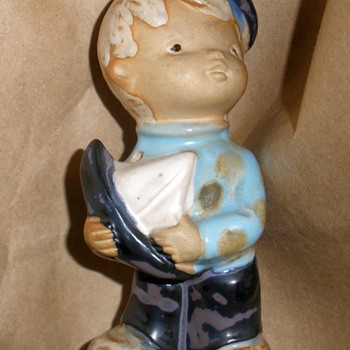 1970's Boy with Sailboat Stoneware Figurine Mystery Maker! - Figurines