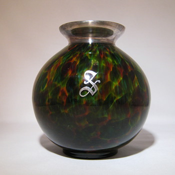 Fantastic Kralik Ball Vase Sterling Silver applied rim and a Silver applied letter S - Art Glass