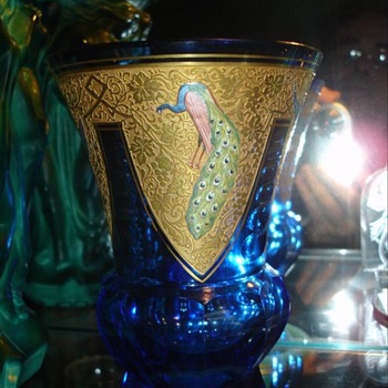 Cut, Etched, Enameled, and Gilded Cobalt Crystal Vase - Goldberg? - Art Glass