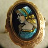 lIMOGES Enamel ring; Elegant girl on cobalt blue background. 