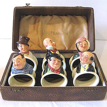 Royal Doulton Napkin Rings : Complete Set of Six Dickens Characters in the original Leather Box c. 1935 – 1939