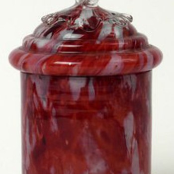 Antonin Rückl & Sons, Vcelnicka Covered Jar and Various Vases - Oxblood Red Lining with Red & White Spatter Glass Decor - Art Glass