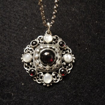 Austro-Hungarian style garnet & m.o.p. silver pendant and chain. - Fine Jewelry