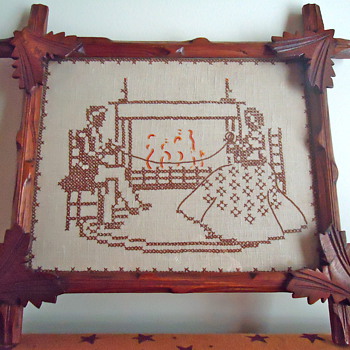 Sampler with Vintage Adirondack Wood Frame - Folk Art