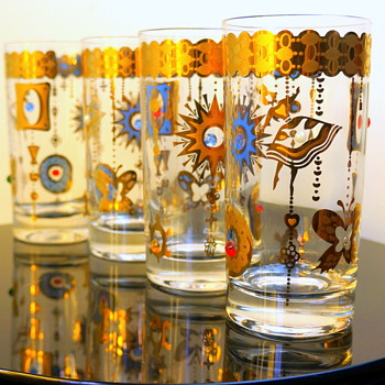1960s Promotional Novelty Jeweled Glasses Turtle Sun Butterfly Unsigned Culver Barware