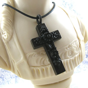 Ornate Victorian Jet Black Mourning Cross Vulcanite Jewelry - Fine Jewelry