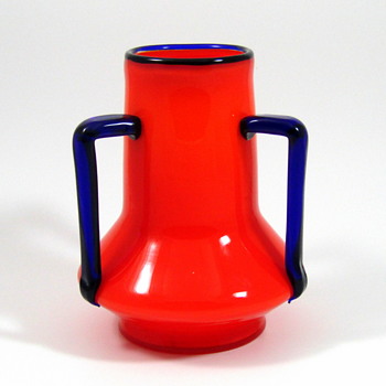 Loetz Tango Orange vase with applied cobalt handles - Art Glass