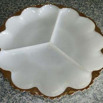 Milk Glass Sectioned Dish with Gold Trim - Glassware