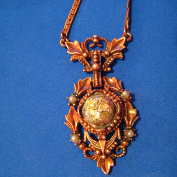 Copper Brass Necklace With Cabochon and Faux Pearls