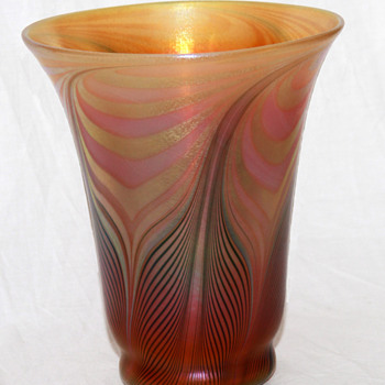 Quezal Pulled-Feather Shade-Vase, HUGE! - Art Glass