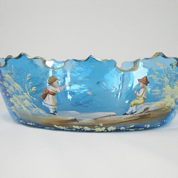 Gorgeous Harrach blue art glass Bowl painted by Julius Muhlhaus Bohemian ca. 1880's - Art Glass