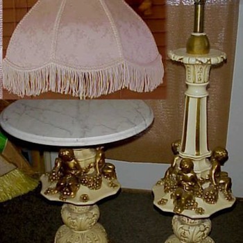 Rare Sergio Fuggiti Set Cherubs Carrara Marble Stand Table Floor Lamp Italian Gold 60s