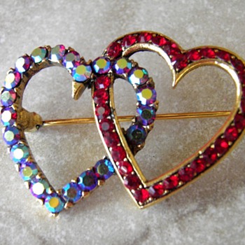Lisner Double Heart Rhinestone Pin,Red and Aurora Rhinestones
