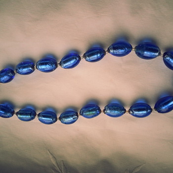 Vintage Blue Glass with Silver Foil 16" Necklace!