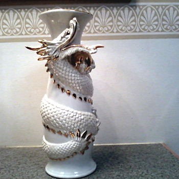 Imposing White Dragon Ceramic Vase with Gold Details /T.K.N. Made in Japan  / Unknown Artist and Vintage  